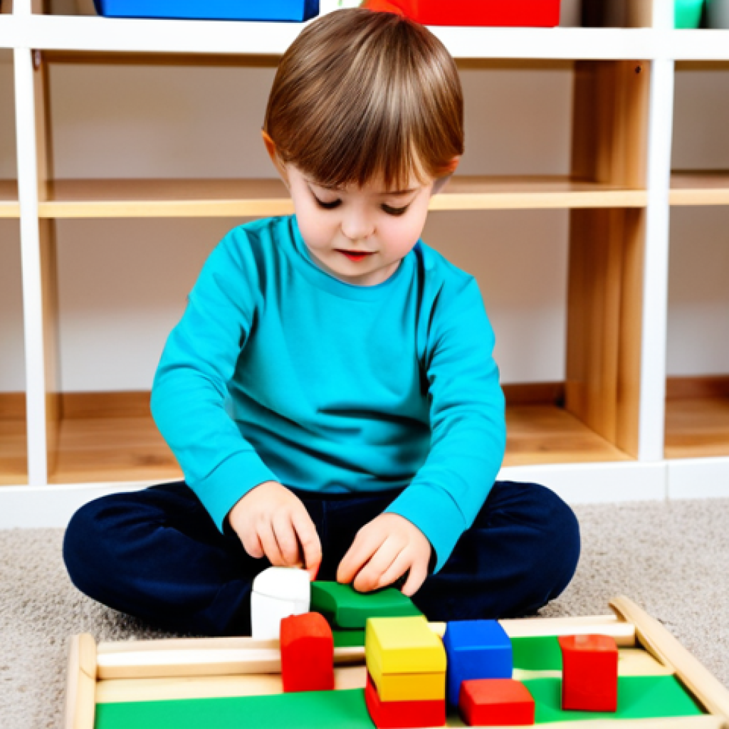 A cheerful 4-year-old child, fully clothed in modest, comfortable play attire, deeply engaged in building a complex structure with colorful wooden blocks on a clean, light-filled playmat in a modern, organized play space. The child's expression shows deep concentration and curiosity, with well-formed hands precisely placing blocks. The background subtly includes abstract, glowing lines representing data analysis, hinting at AI insights into the child's spatial reasoning and creativity. Perfect anatomy, correct proportions, natural pose, proper finger count, natural body proportions, professional photography, high quality, safe for work, appropriate content, family-friendly.