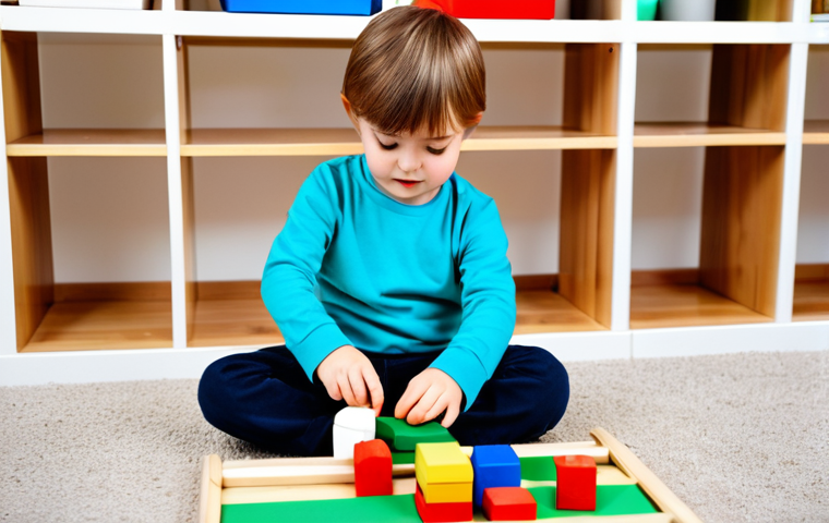 A cheerful 4-year-old child, fully clothed in modest, comfortable play attire, deeply engaged in building a complex structure with colorful wooden blocks on a clean, light-filled playmat in a modern, organized play space. The child's expression shows deep concentration and curiosity, with well-formed hands precisely placing blocks. The background subtly includes abstract, glowing lines representing data analysis, hinting at AI insights into the child's spatial reasoning and creativity. Perfect anatomy, correct proportions, natural pose, proper finger count, natural body proportions, professional photography, high quality, safe for work, appropriate content, family-friendly.