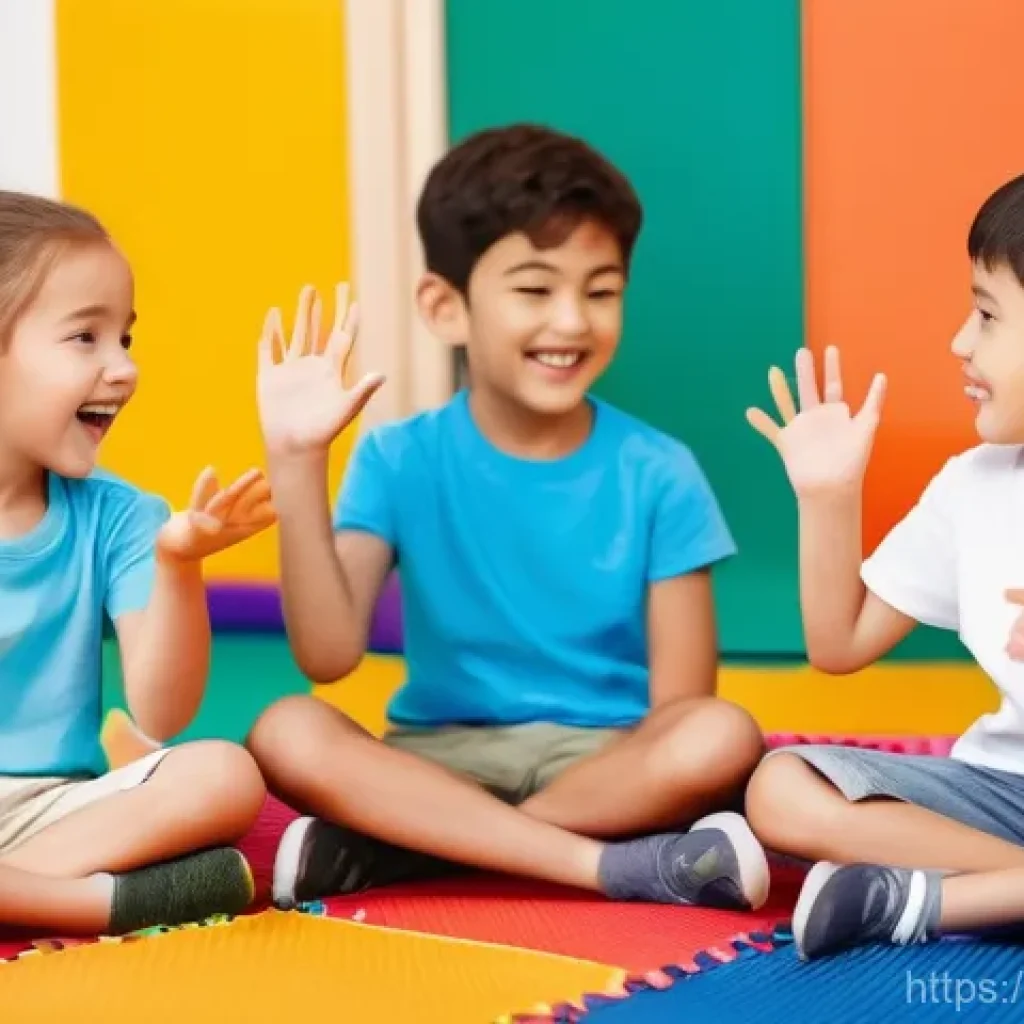 손유희 놀이 활용법 - **Prompt:** A vibrant and joyful scene of five young children, approximately 4-6 years old, sitting ...