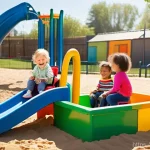 장애 유아 통합 교육 - **"A vibrant and diverse group of preschool children, aged 3-5, joyfully playing together in a sun-d...