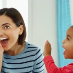 발음 교정 놀이 활동 - **Title: Playful Face Exercises in Front of the Mirror**
    **Prompt:** A cheerful mother and her 4...