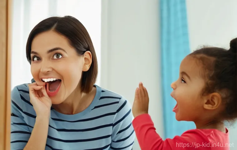 발음 교정 놀이 활동 - **Title: Playful Face Exercises in Front of the Mirror**
    **Prompt:** A cheerful mother and her 4...