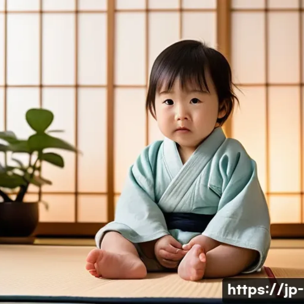 영유아 정서 조절 지도 - A tender scene of a young Japanese toddler wearing a clean diaper, sitting on a soft tatami mat in a...