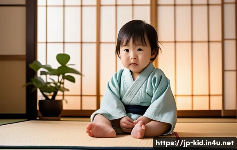 영유아 정서 조절 지도 - A tender scene of a young Japanese toddler wearing a clean diaper, sitting on a soft tatami mat in a...