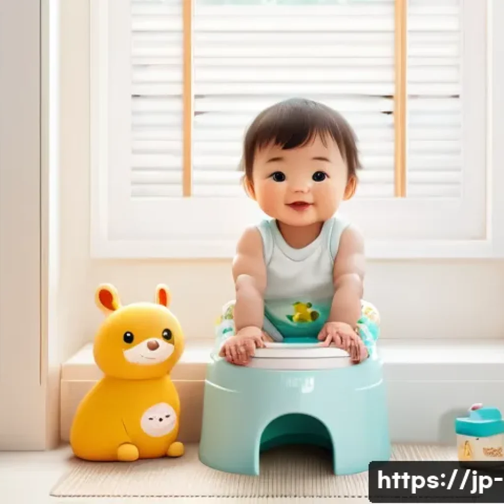 유아기 대소변 훈련 - A cozy and bright Japanese-style bathroom scene featuring a toddler wearing a colorful diaper, curio...