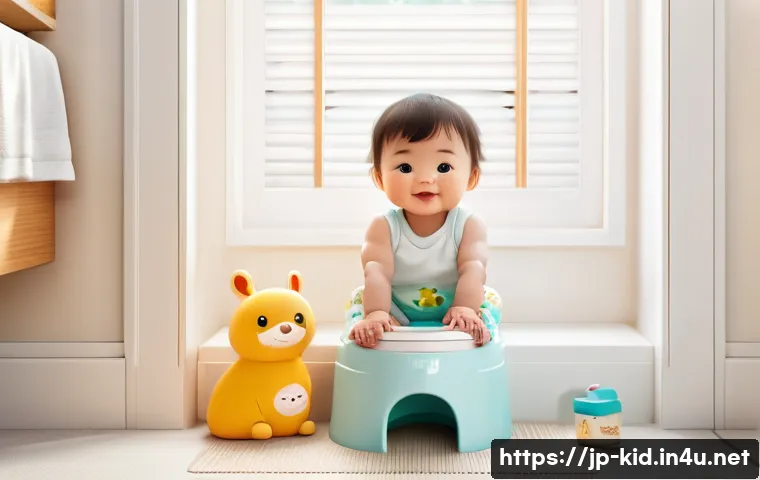 유아기 대소변 훈련 - A cozy and bright Japanese-style bathroom scene featuring a toddler wearing a colorful diaper, curio...