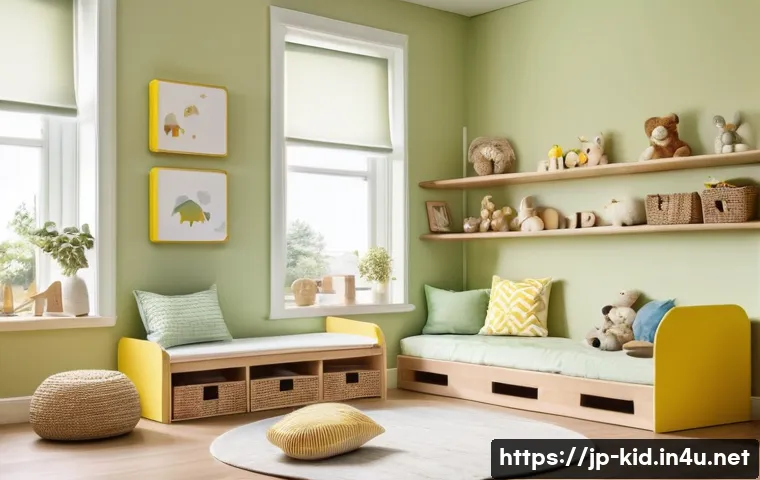 유아기 환경 조성 원리 - A peaceful and cozy toddler&rsquo;s playroom designed with pastel-colored walls in soft green and beige to...