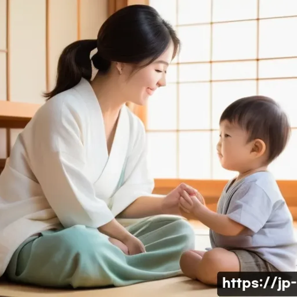 영유아 성교육 - A warm and gentle scene of a Japanese mother and her young child, around 3-5 years old, sitting toge...