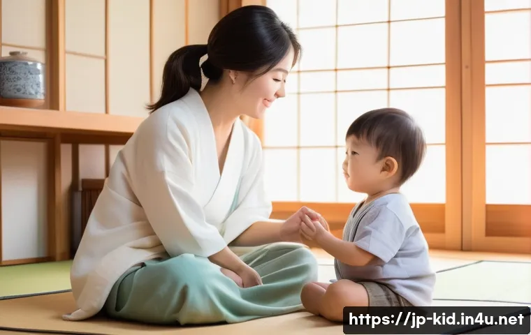 영유아 성교육 - A warm and gentle scene of a Japanese mother and her young child, around 3-5 years old, sitting toge...