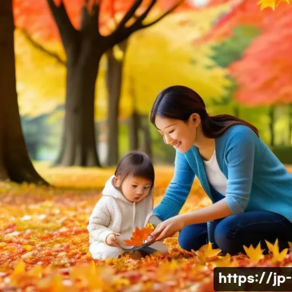 자연 탐구 활동 - A peaceful Japanese park scene in early autumn, featuring a mother and child wearing light casual cl...