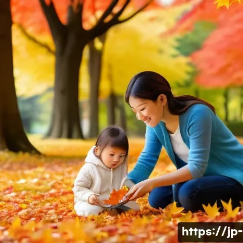 자연 탐구 활동 - A peaceful Japanese park scene in early autumn, featuring a mother and child wearing light casual cl...