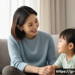 부모 교육 코칭 기법 - A warm and serene Japanese mother gently listening to her young child speaking, sitting together in ...