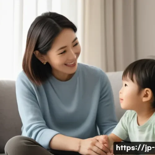 부모 교육 코칭 기법 - A warm and serene Japanese mother gently listening to her young child speaking, sitting together in ...