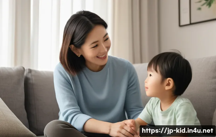 부모 교육 코칭 기법 - A warm and serene Japanese mother gently listening to her young child speaking, sitting together in ...