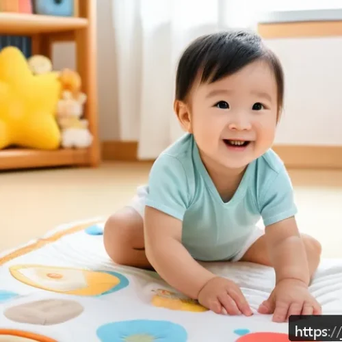 영유아 성장 발달 단계 - A tender scene of a Japanese toddler wearing a diaper, sitting on a soft blanket in a bright, cozy l...
