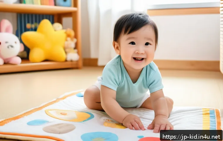 영유아 성장 발달 단계 - A tender scene of a Japanese toddler wearing a diaper, sitting on a soft blanket in a bright, cozy l...