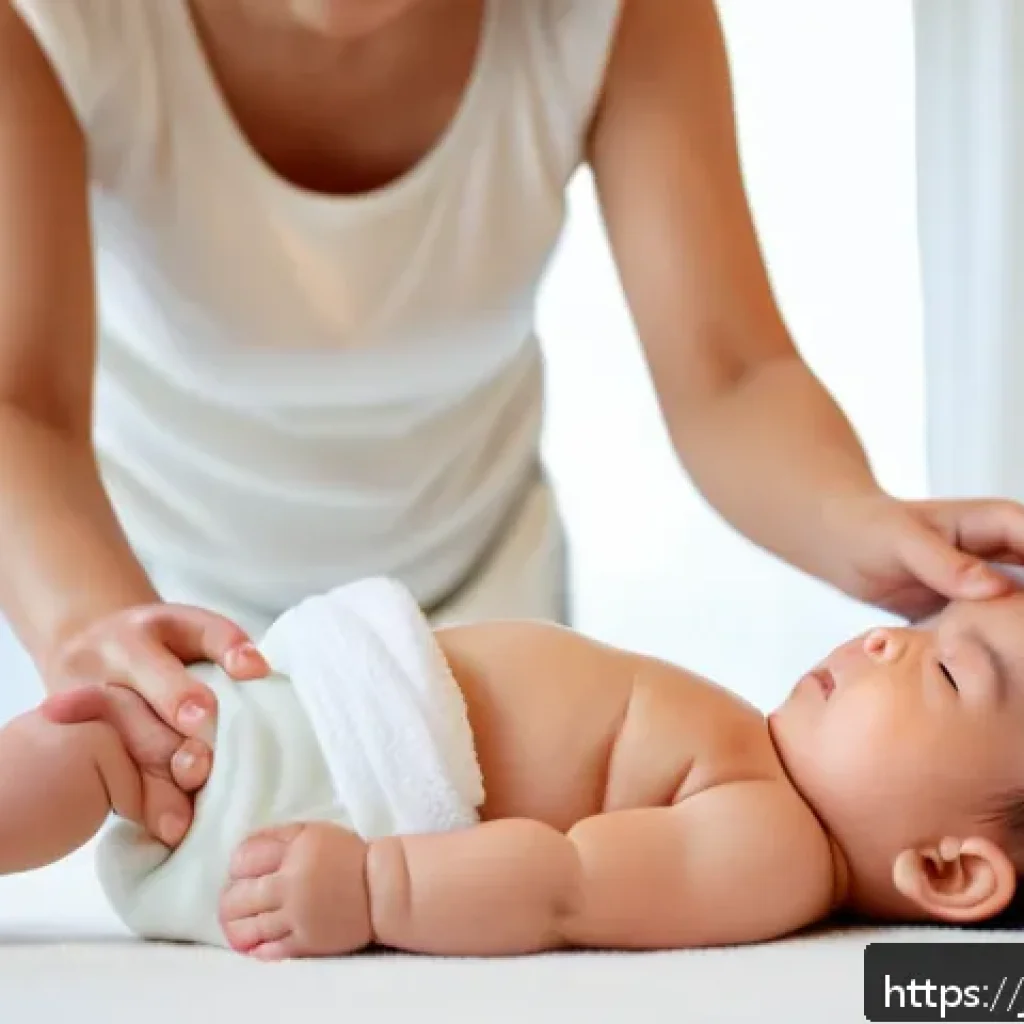 베이비 마사지 효과 - A tender scene of a Japanese mother gently giving a baby massage to her infant wearing a soft white ...
