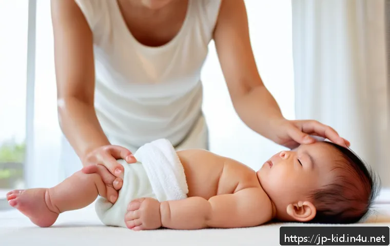 베이비 마사지 효과 - A tender scene of a Japanese mother gently giving a baby massage to her infant wearing a soft white ...