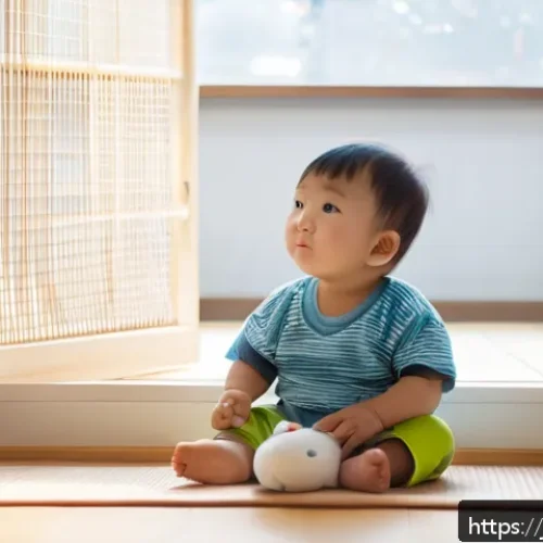 유아기 스트레스 관리 - A tender scene of a Japanese toddler wearing a diaper, sitting quietly in a cozy living room corner ...