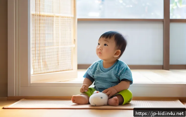 유아기 스트레스 관리 - A tender scene of a Japanese toddler wearing a diaper, sitting quietly in a cozy living room corner ...