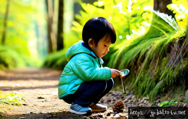 유아기 자연 탐사 놀이 - Photorealistic Japanese toddler in a light outdoor jacket and sturdy shoes, crouching beside a fores...