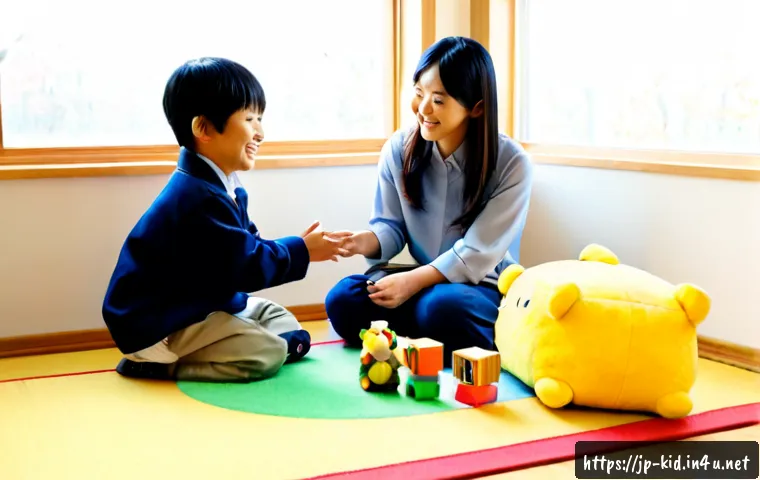 놀이 기반 언어 지도 - Photorealistic Japanese preschool teacher sitting on a soft classroom rug with three fully clothed y...