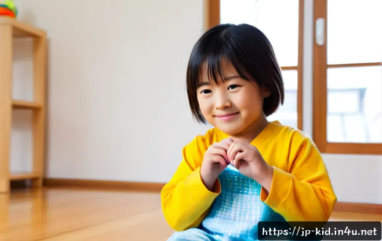 놀이를 통한 감정 표현 - Photorealistic candid scene of a Japanese preschool child in colorful everyday clothes using hand pu...