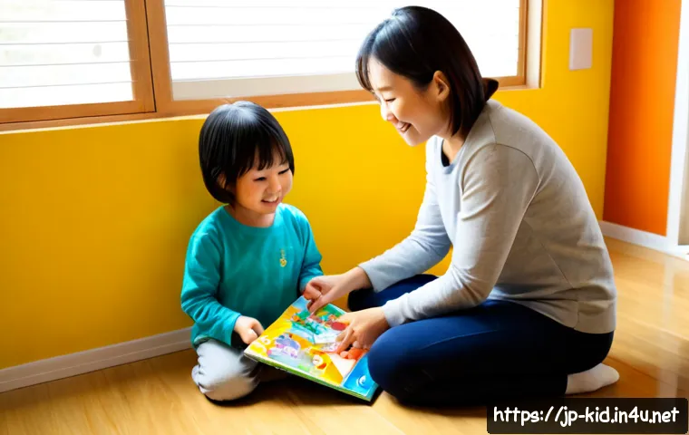언어 발달 촉진 전략 - Photorealistic Japanese mother and preschool child sitting face-to-face on a bright living room floo...